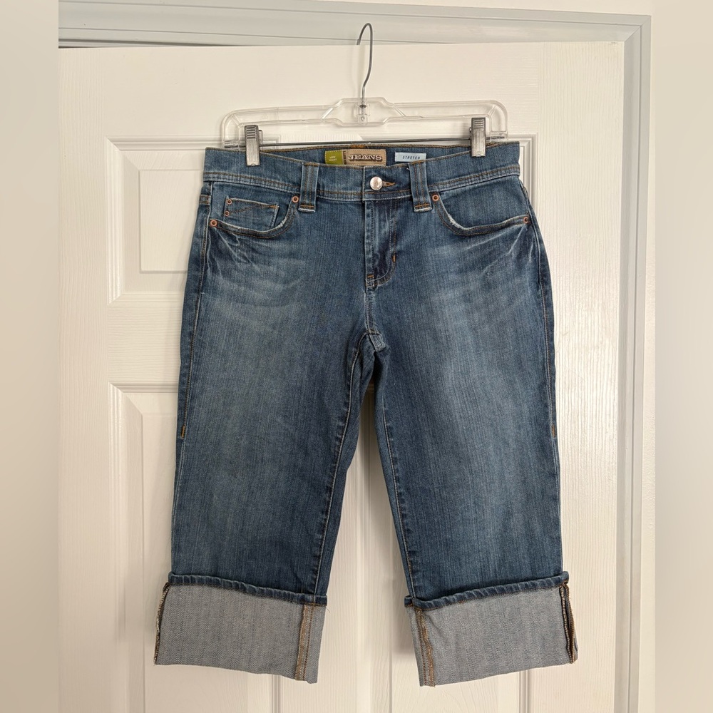 Y2K WOMEN OLD NAVY LOW WAIST STRETCH  BLUE DENIM JEAN CUFFED CAPRI SHORTS SIZE 4